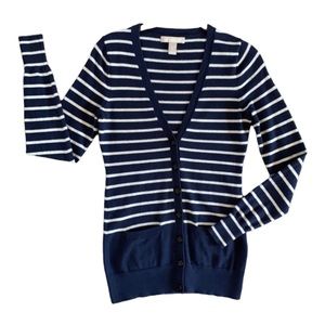 BANANA REPUBLIC Sz S Cashmere Cotton NAVY WHITE STRIPED BUTTONS CARDIGAN SWEATER